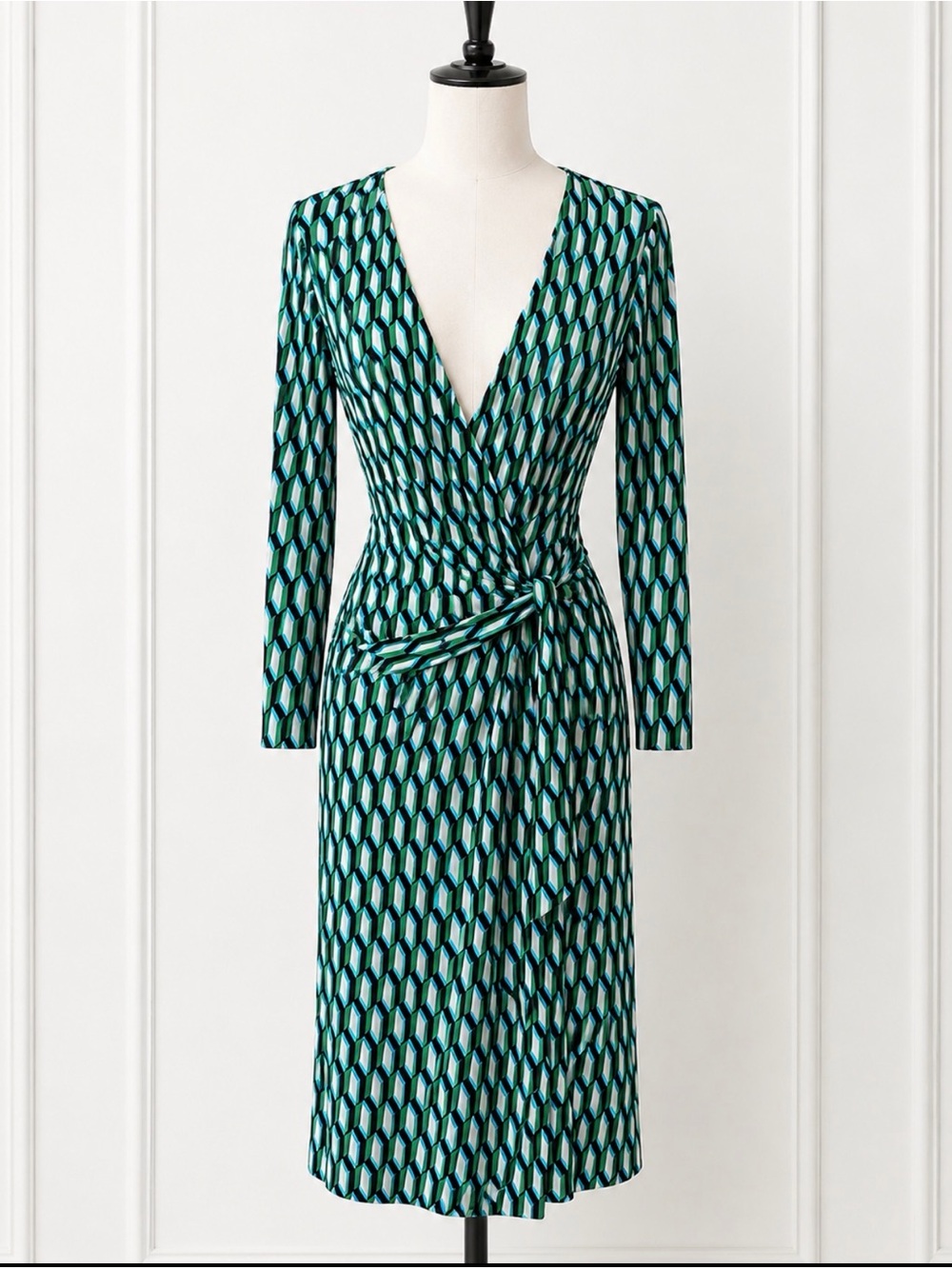 Diane Von Furstenberg Green Geometric Long-Sleeve Midi Wrap Dress